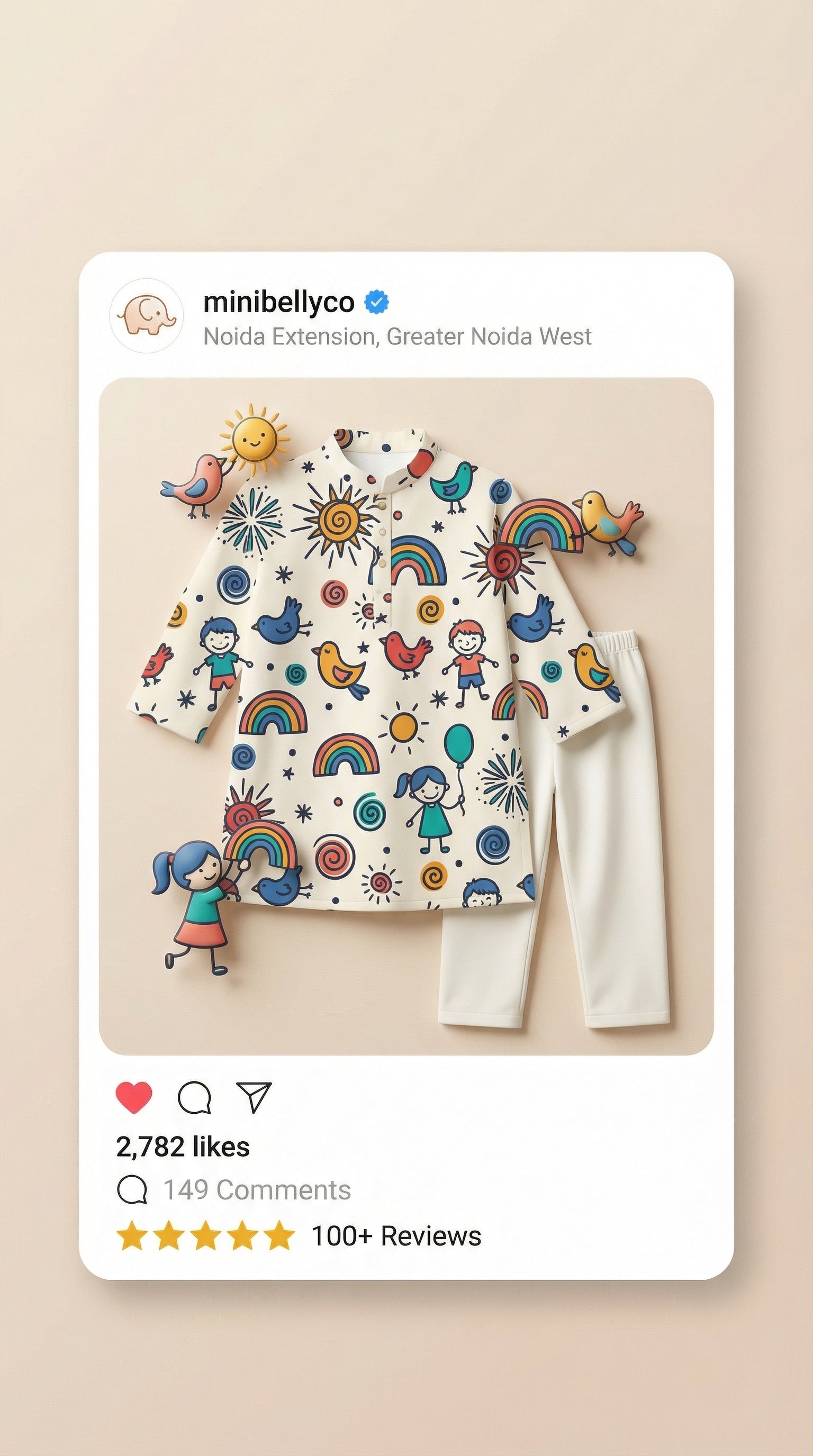 MiniBelly Kurta Pajama Set Whimsical doodle pattern with happy kids, birds, suns, and rainbows 100% Cotton - minibelly