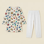 MiniBelly Kurta Pajama Set Whimsical doodle pattern with happy kids, birds, suns, and rainbows 100% Cotton - minibelly