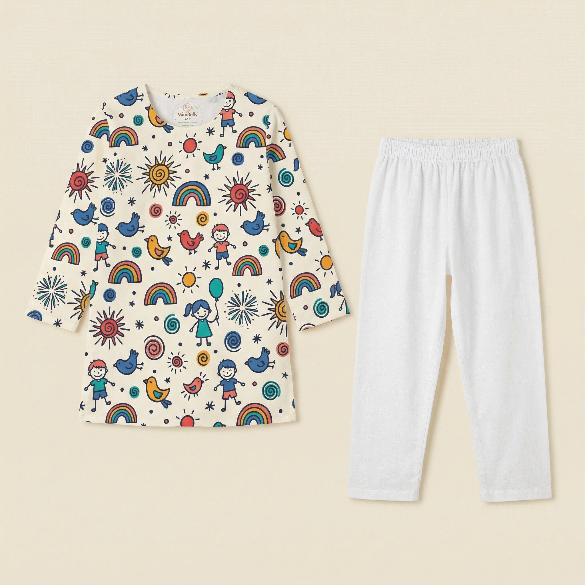 MiniBelly Kurta Pajama Set Whimsical doodle pattern with happy kids, birds, suns, and rainbows 100% Cotton - minibelly