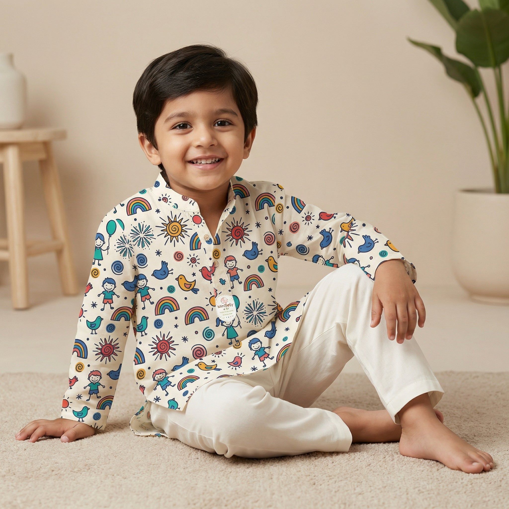 MiniBelly Kurta Pajama Set Whimsical doodle pattern with happy kids, birds, suns, and rainbows 100% Cotton - minibelly