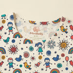 MiniBelly Kurta Pajama Set Whimsical doodle pattern with happy kids, birds, suns, and rainbows 100% Cotton - minibelly