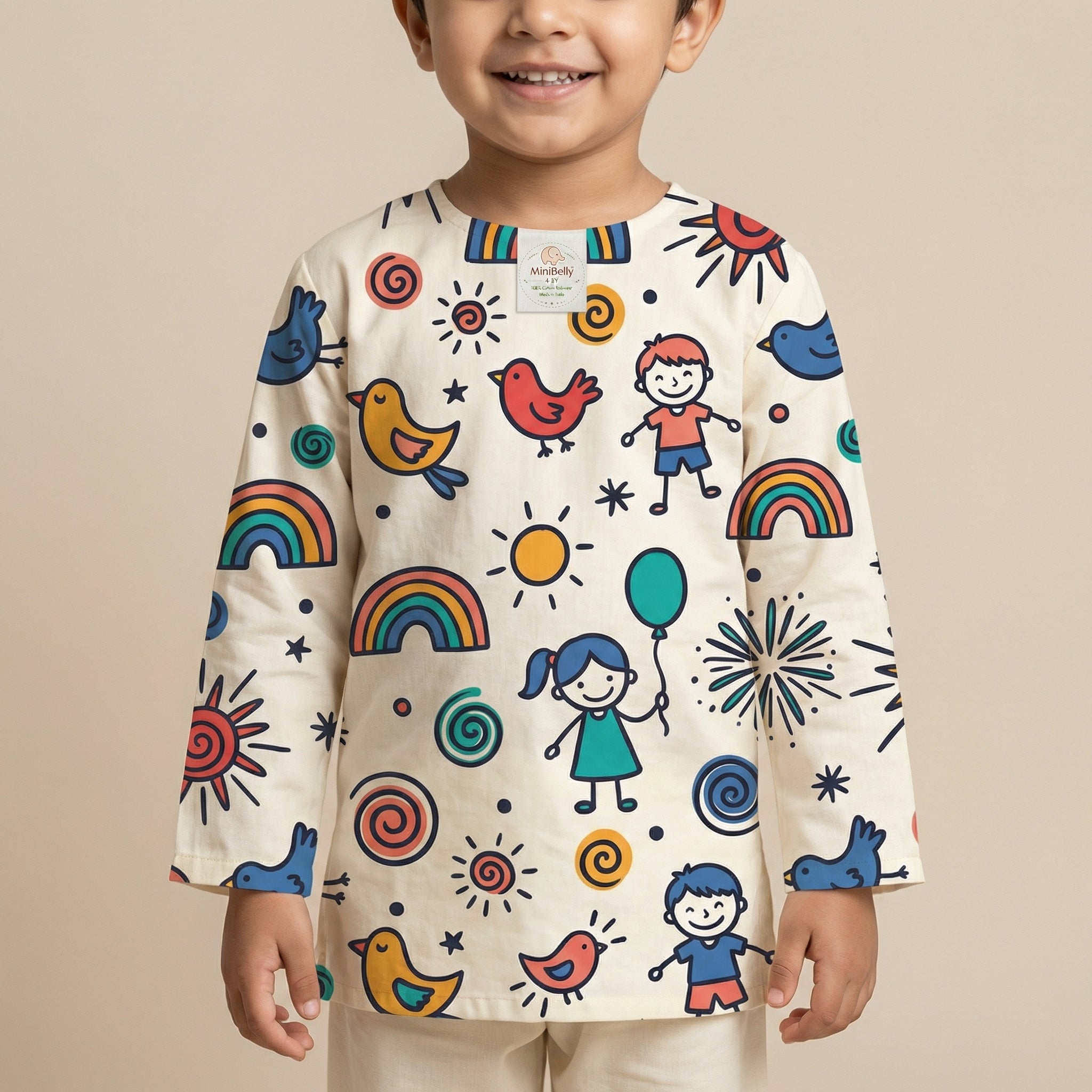 MiniBelly Kurta Pajama Set Whimsical doodle pattern with happy kids, birds, suns, and rainbows 100% Cotton - minibelly