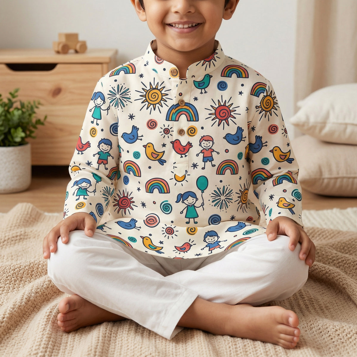 MiniBelly Kurta Pajama Set Whimsical doodle pattern with happy kids, birds, suns, and rainbows 100% Cotton - minibelly