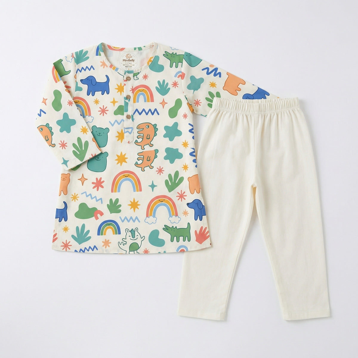 MiniBelly Kurta Pajama Set Cute doodle pattern featuring rainbows, animals, stars, and abstract shapes 100% Cotton - minibelly