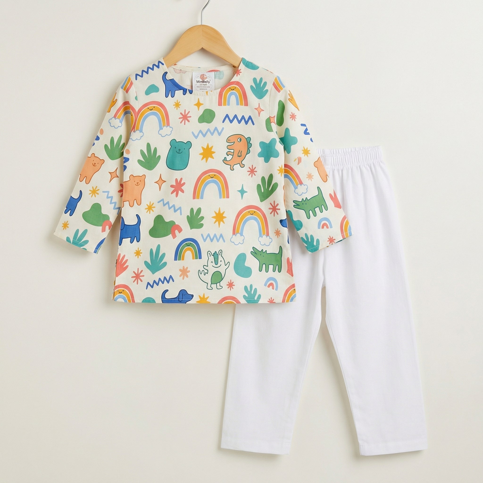MiniBelly Kurta Pajama Set Cute doodle pattern featuring rainbows, animals, stars, and abstract shapes 100% Cotton - minibelly
