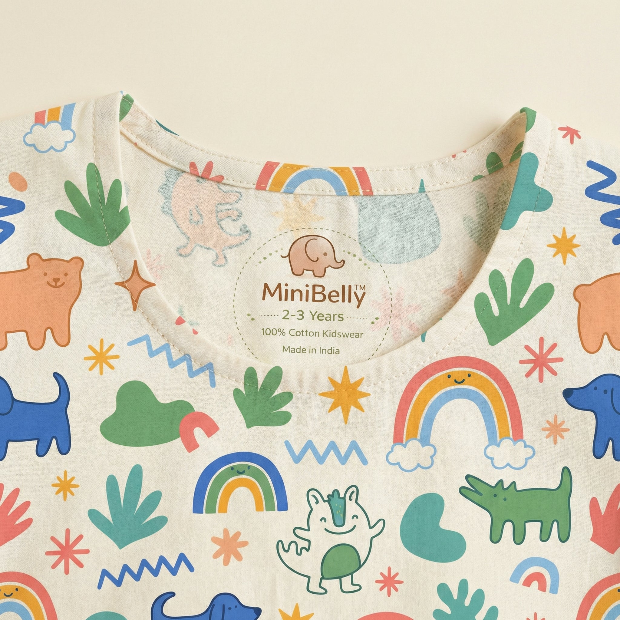MiniBelly Kurta Pajama Set Cute doodle pattern featuring rainbows, animals, stars, and abstract shapes 100% Cotton - minibelly