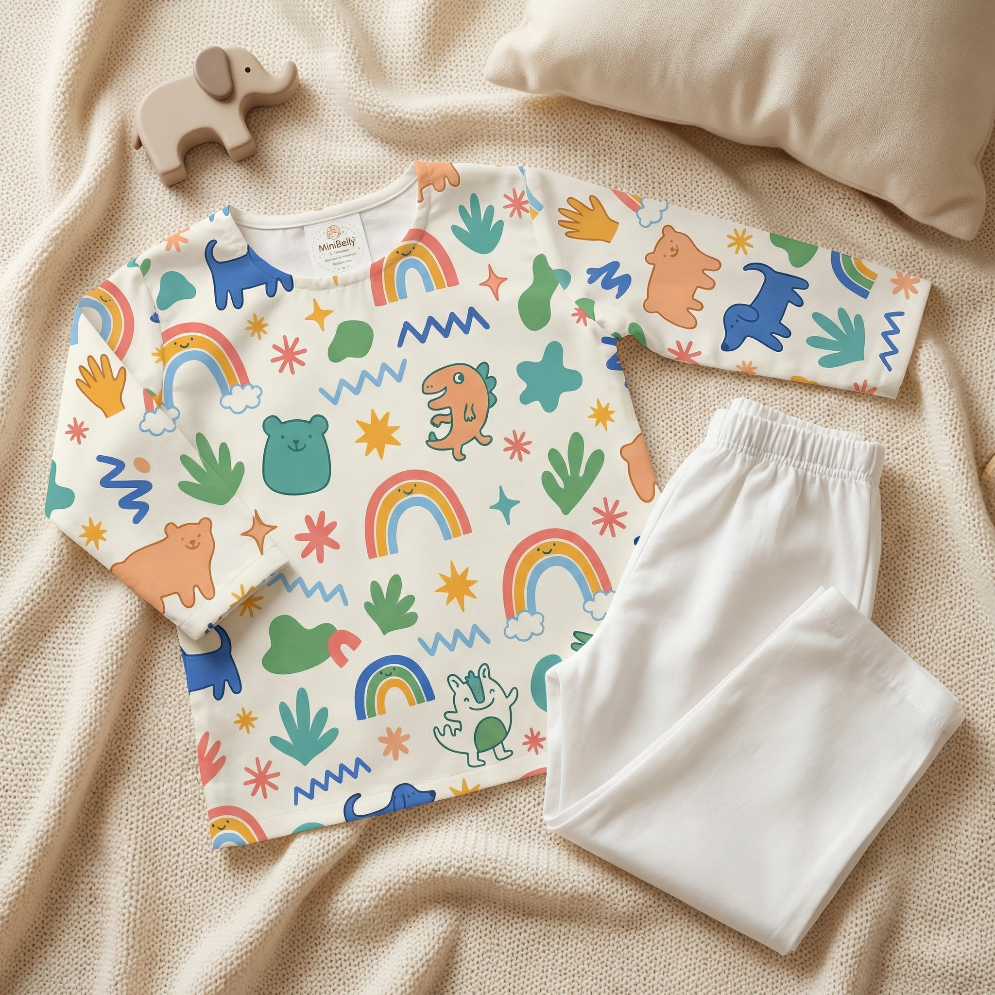 MiniBelly Kurta Pajama Set Cute doodle pattern featuring rainbows, animals, stars, and abstract shapes 100% Cotton - minibelly