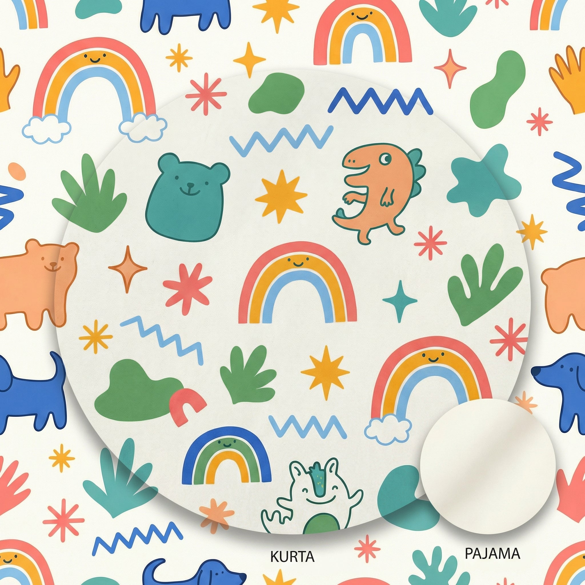 MiniBelly Kurta Pajama Set Cute doodle pattern featuring rainbows, animals, stars, and abstract shapes 100% Cotton - minibelly