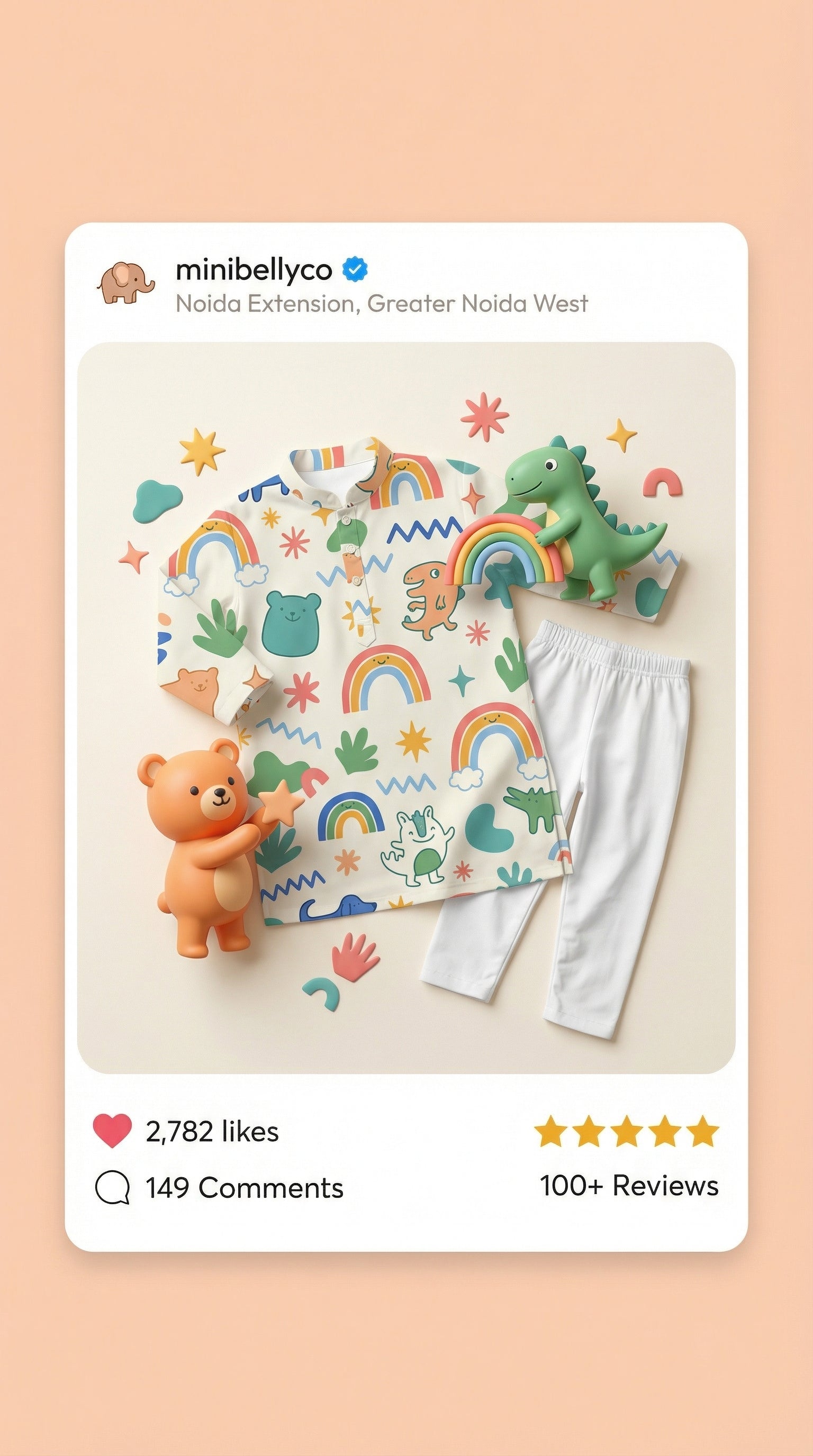 MiniBelly Kurta Pajama Set Cute doodle pattern featuring rainbows, animals, stars, and abstract shapes 100% Cotton - minibelly