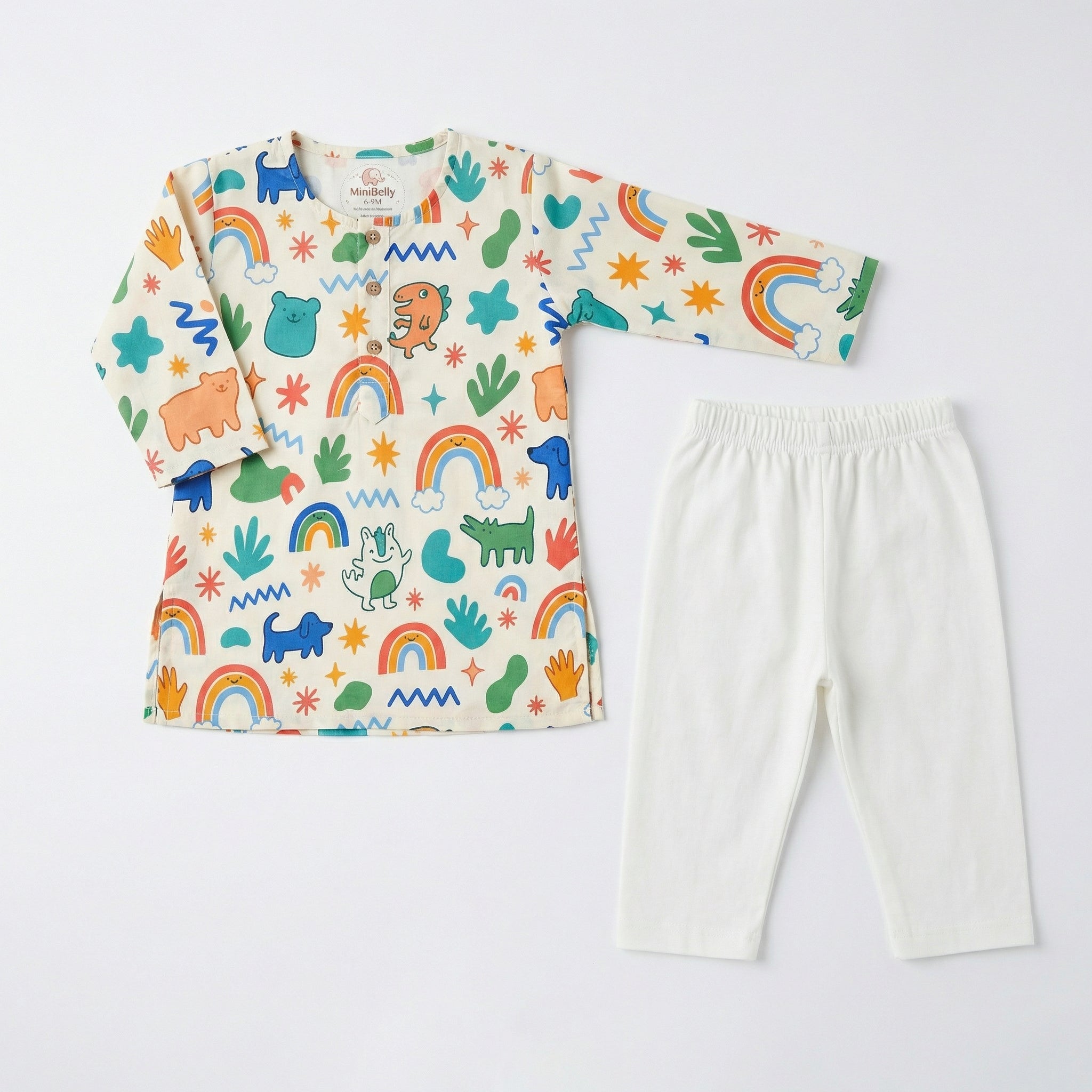 MiniBelly Kurta Pajama Set Cute doodle pattern featuring rainbows, animals, stars, and abstract shapes 100% Cotton - minibelly
