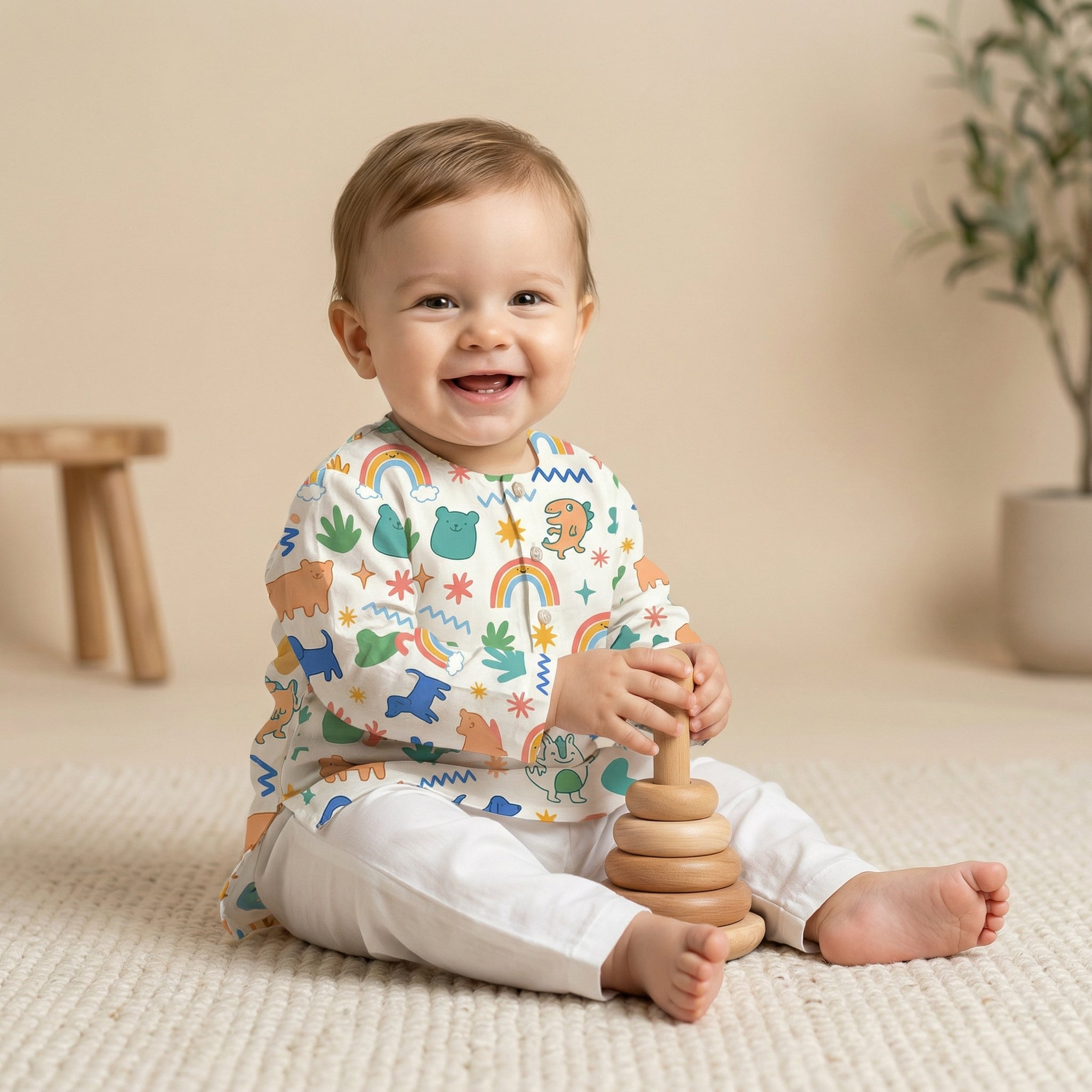 MiniBelly Kurta Pajama Set Cute doodle pattern featuring rainbows, animals, stars, and abstract shapes 100% Cotton - minibelly