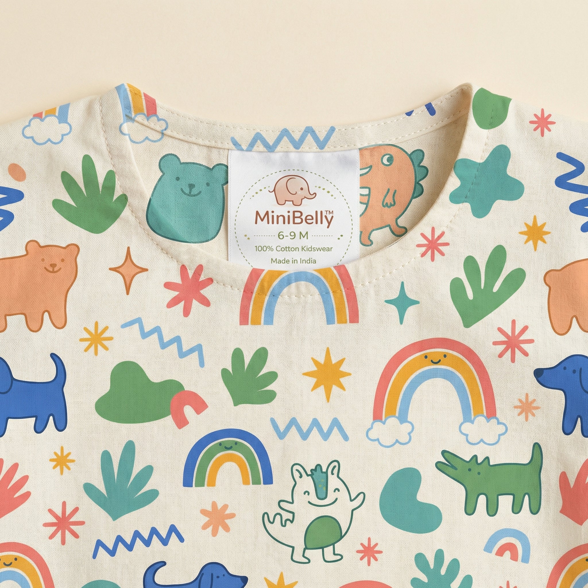 MiniBelly Kurta Pajama Set Cute doodle pattern featuring rainbows, animals, stars, and abstract shapes 100% Cotton - minibelly