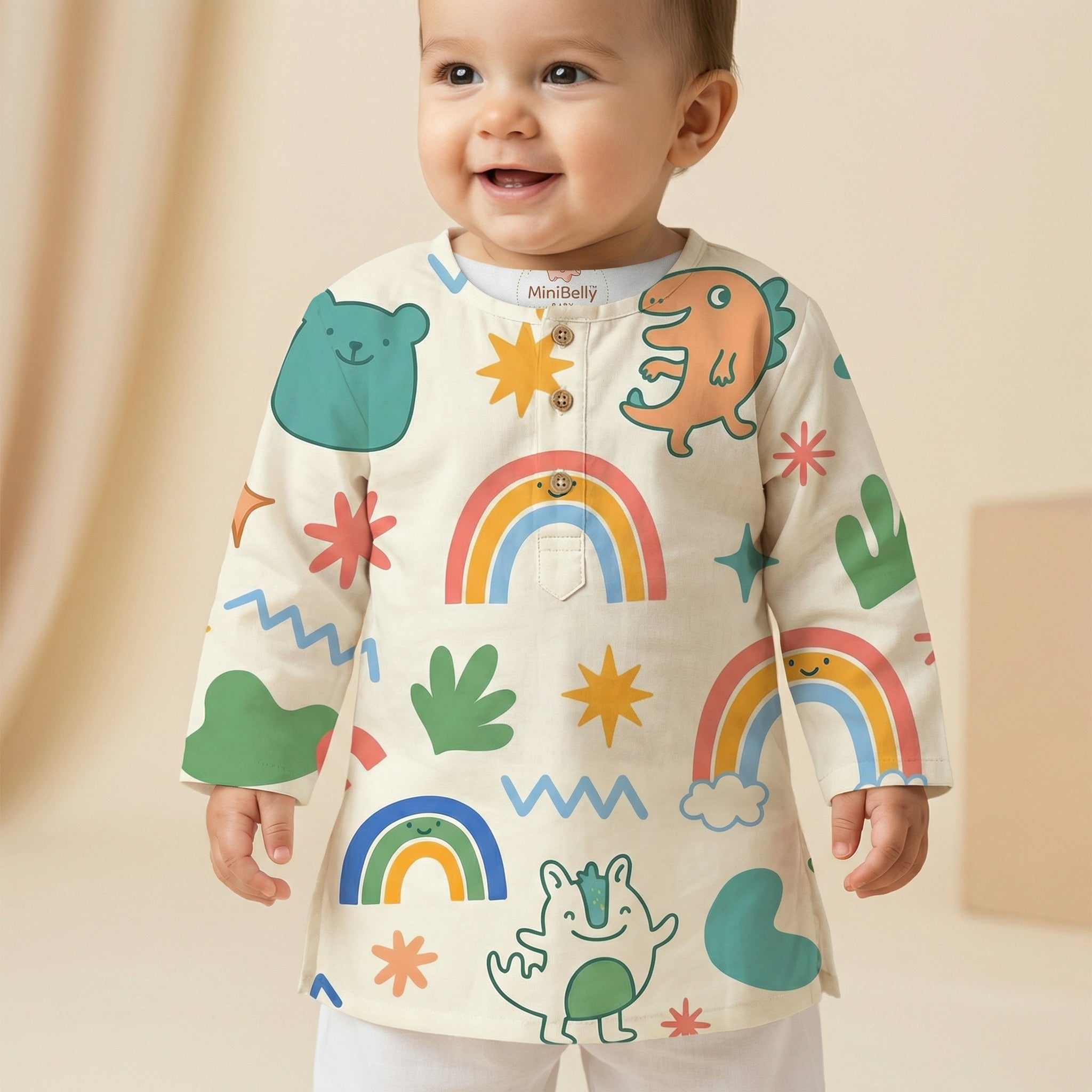 MiniBelly Kurta Pajama Set Cute doodle pattern featuring rainbows, animals, stars, and abstract shapes 100% Cotton - minibelly