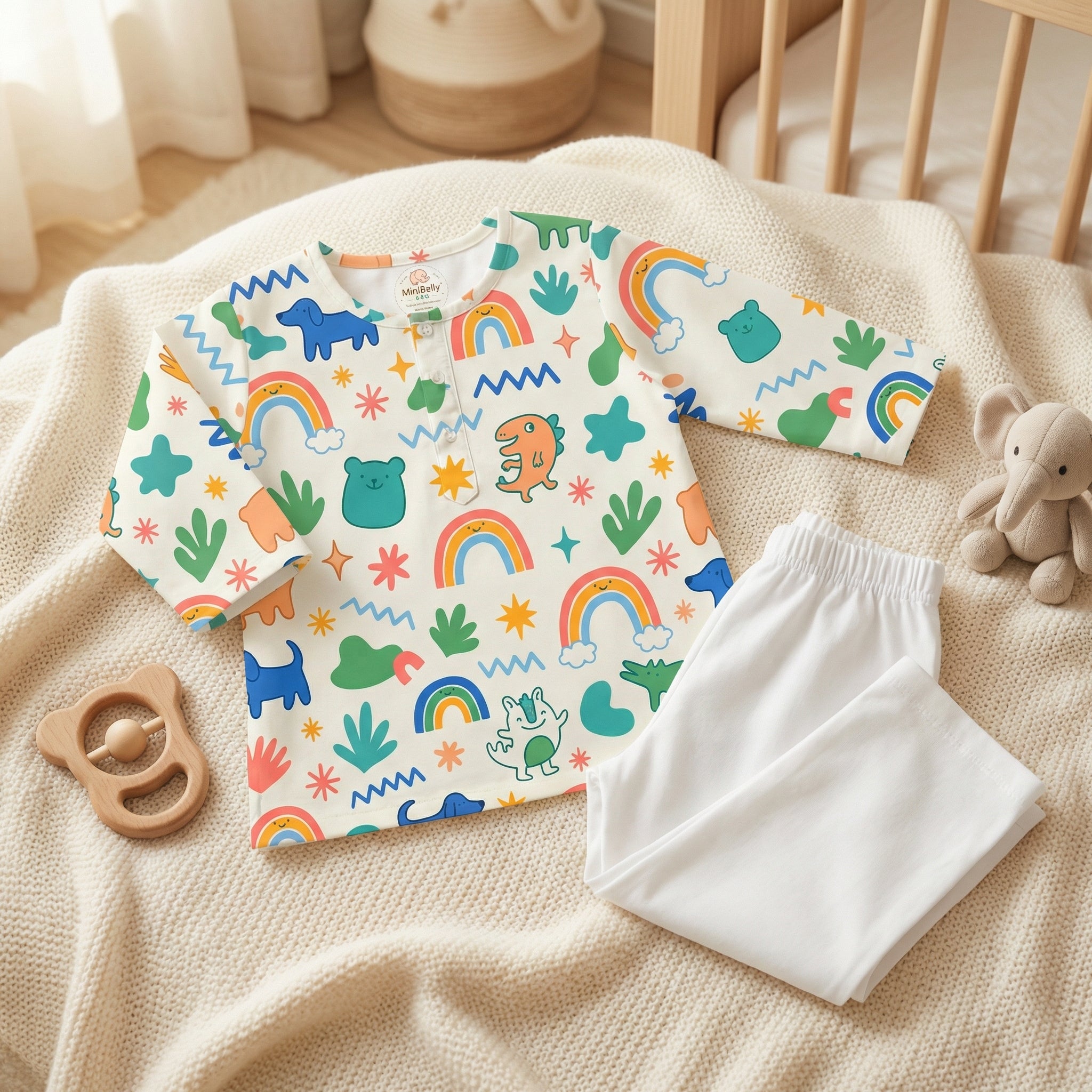 MiniBelly Kurta Pajama Set Cute doodle pattern featuring rainbows, animals, stars, and abstract shapes 100% Cotton - minibelly