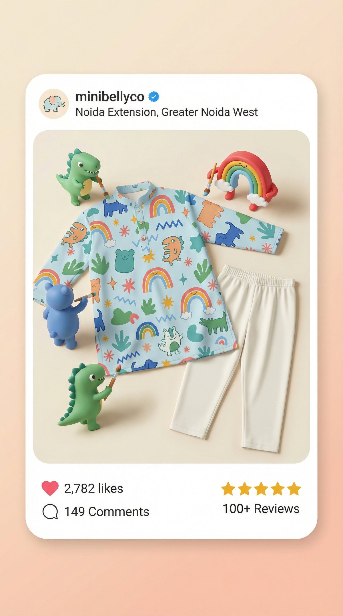 MiniBelly Kurta Pajama Set Cute doodle pattern featuring rainbows, animals, stars, and abstract shapes 100% Cotton - minibelly
