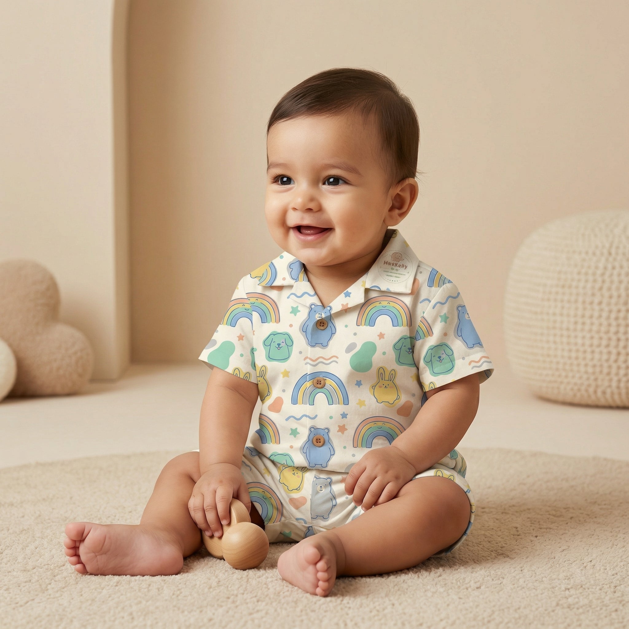MiniBelly 100% Cotton Kurta Pajama Set-No Itchy Tags-Soft Fabric-Premium Print-Solid-Cream-For Infants - minibelly