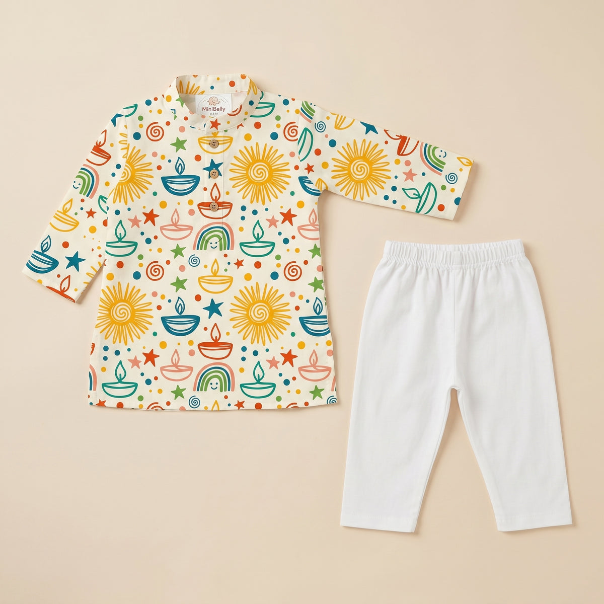 MiniBelly kids' cotton kurta pajama set with colorful Diwali diya, sun, rainbow, and star doodle pattern for ages 0-6 months.