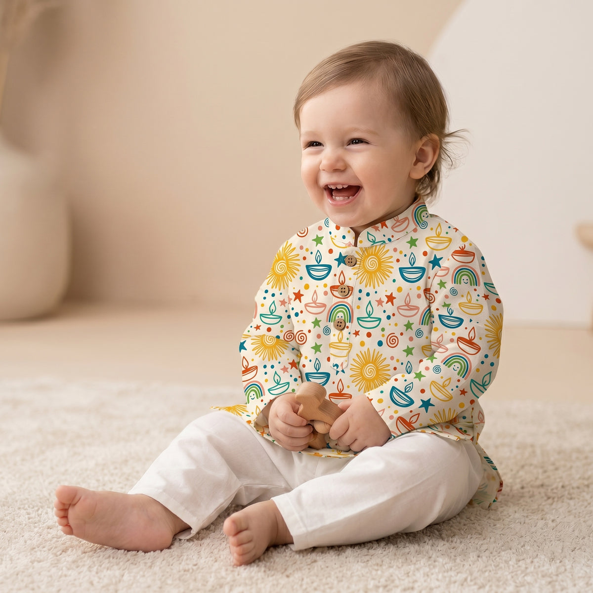 MiniBelly kids' cream cotton kurta pajama set with soft striped fabric, featuring joyful Diwali diyas, suns, rainbows, and stars pattern.