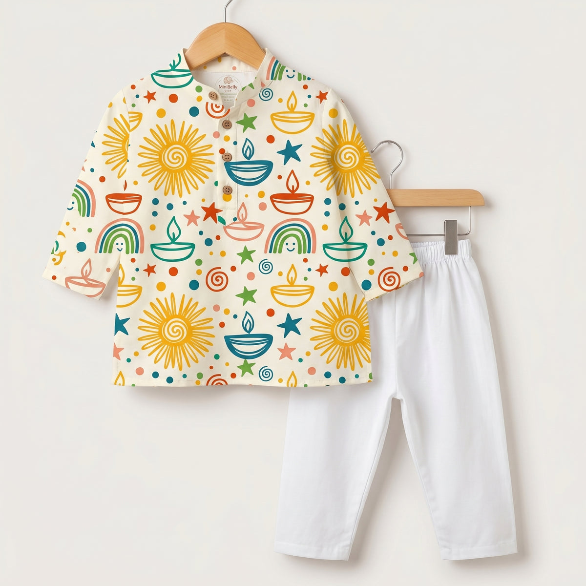 MiniBelly kids kurta pajama set in soft cotton with colorful Diwali and rainbow doodle pattern for infants aged 0-6 months.