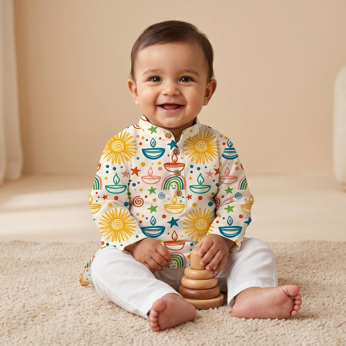 MiniBelly kids' cream kurta pajama set with soft striped fabric featuring colorful Diwali diyas, suns, rainbows, and stars pattern.