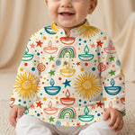 MiniBelly kids' kurta pajama set with soft striped cream fabric, featuring colorful Diwali diyas, suns, rainbows, and stars pattern.