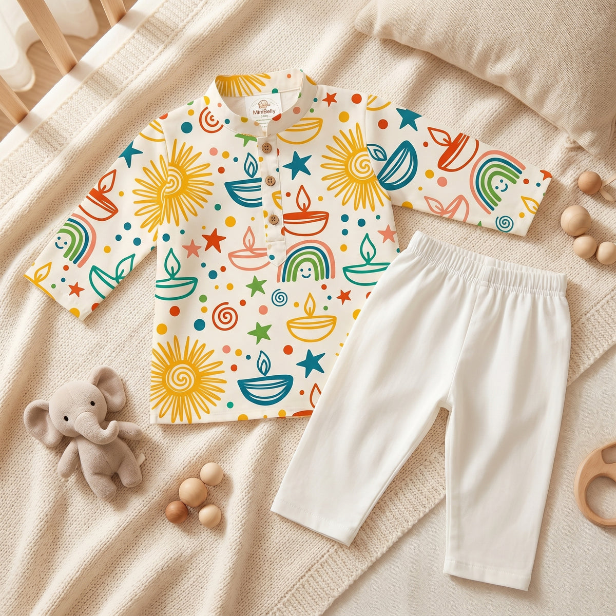 MiniBelly kids kurta pajama set in soft cotton with colorful Diwali diyas, suns, rainbows, and stars doodle pattern for infants aged 0-6 months.