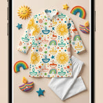 MiniBelly kids' cream cotton kurta pajama set with colorful Diwali diyas, suns, rainbows, and stars seamless doodle pattern.