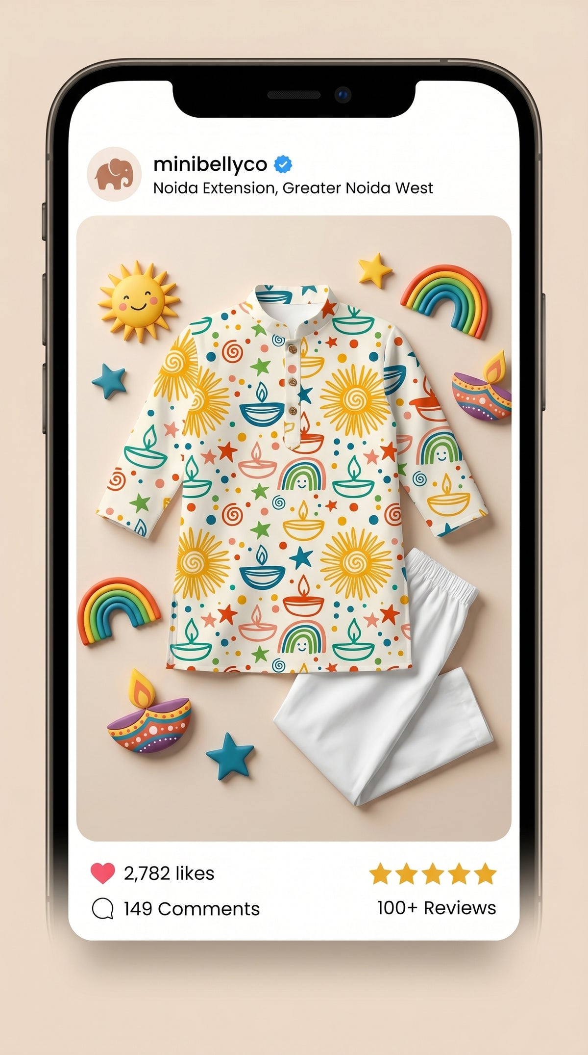 MiniBelly kids' cream cotton kurta pajama set with colorful Diwali diyas, suns, rainbows, and stars seamless doodle pattern.