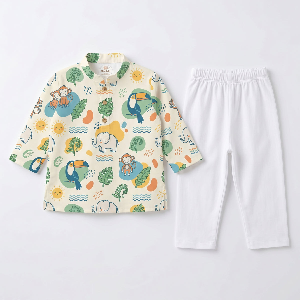 MiniBelly kids' cotton kurta pajama set with cute jungle animals, leaves, and suns in soft striped cream fabric for ages 0-6 months.