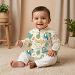 MiniBelly kids' cotton kurta pajama set with cute jungle animals, leaves, and suns in soft cream fabric for ages 0-6 months.