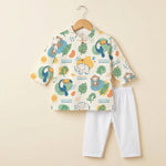 MiniBelly kids' cream kurta pajama set with jungle animal, leaf, and sun patterns on soft fabric for ages 0-6 months.