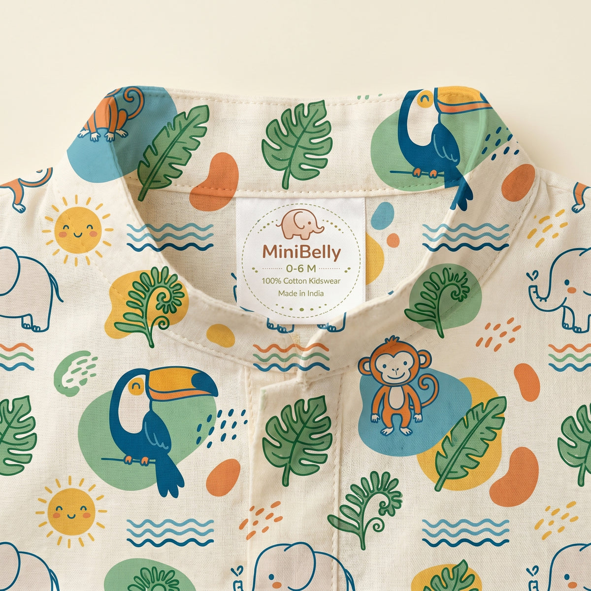 MiniBelly kids' kurta pajama set with jungle animals, leaves, and suns in soft cotton for infants ages 0-6 months.