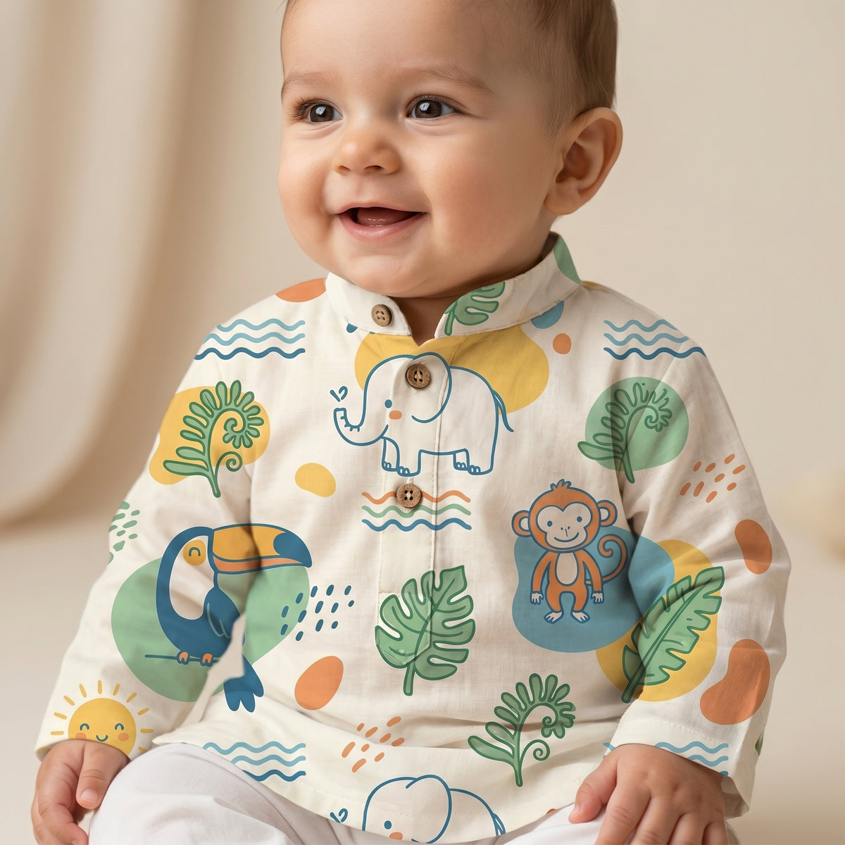 MiniBelly kids' kurta pajama set in soft cotton with jungle animals, leaves, and suns, featuring cream striped fabric for ages 0-6 months