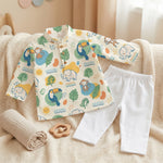 MiniBelly kids' cotton kurta pajama set featuring cute jungle animals, leaves, and suns in soft striped cream fabric.