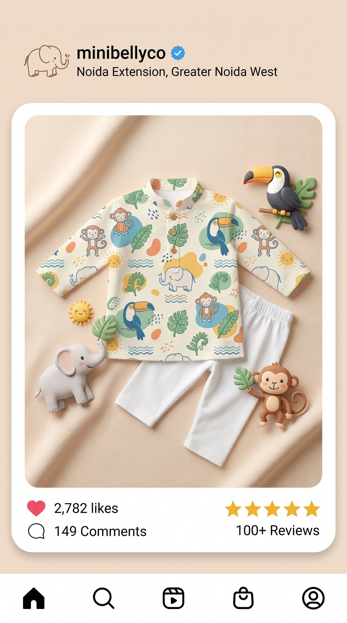 MiniBelly Kids wear cream cotton kurta pajama set with cute jungle animals, leaves, and suns for ages 0-6 months.