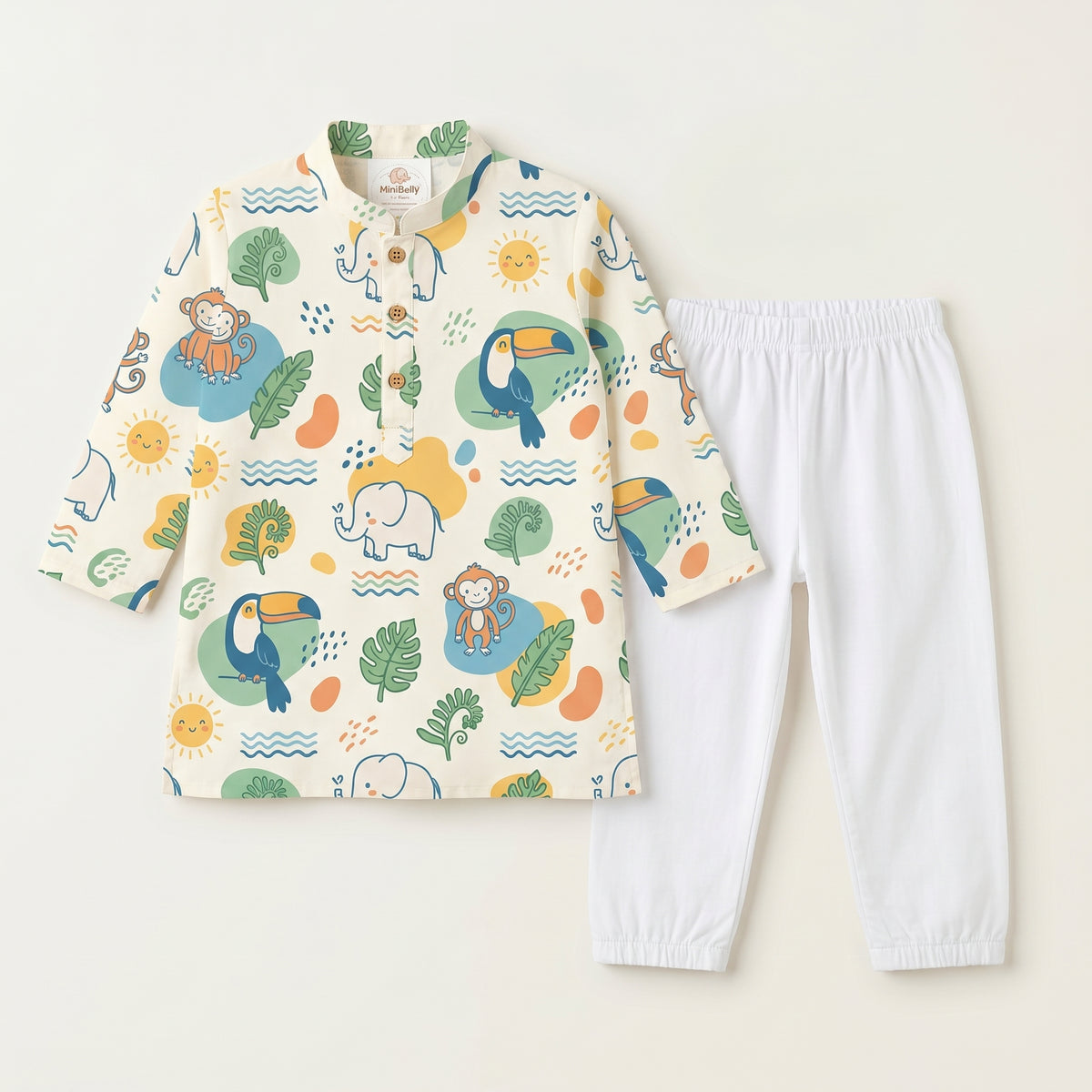 MiniBelly kids' kurta pajama set with jungle animals, leaves, suns in soft cream cotton, featuring striped fabric for ages 0-2 years