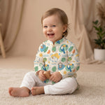 MiniBelly kids' Kurta Pajama set with cute jungle animals, leaves, and suns in soft 100% cotton fabric for ages 0-2 years.