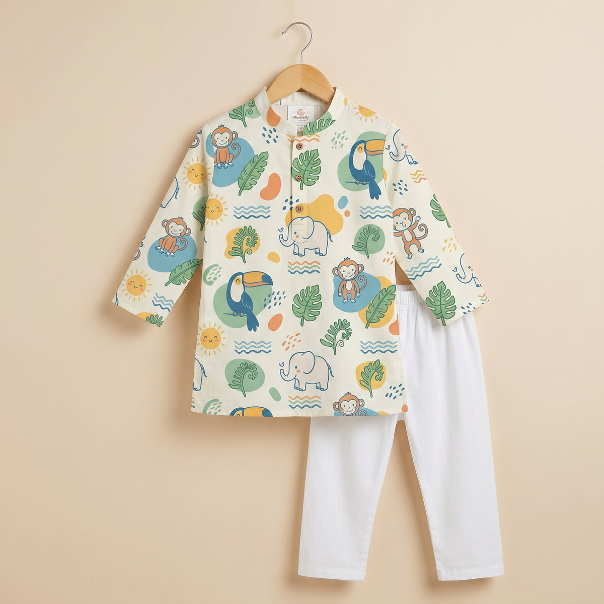 MiniBelly kids' kurta pajama set with cute jungle animals, leaves, and suns in soft cotton, suitable for 0-2 years.