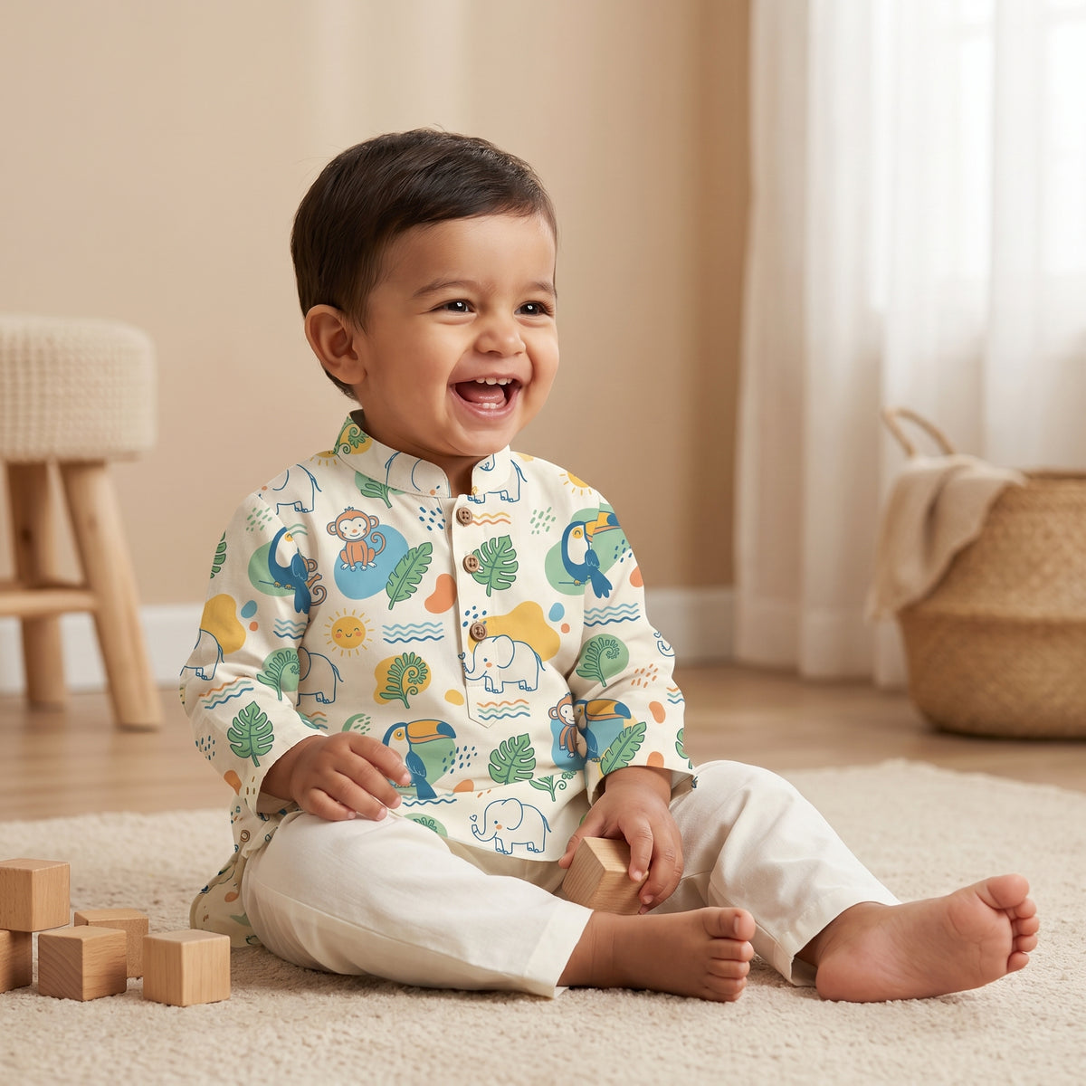 MiniBelly kids' cream kurta pajama set with jungle animals, leaves, and suns in soft cotton fabric, designed for 0-2 years.