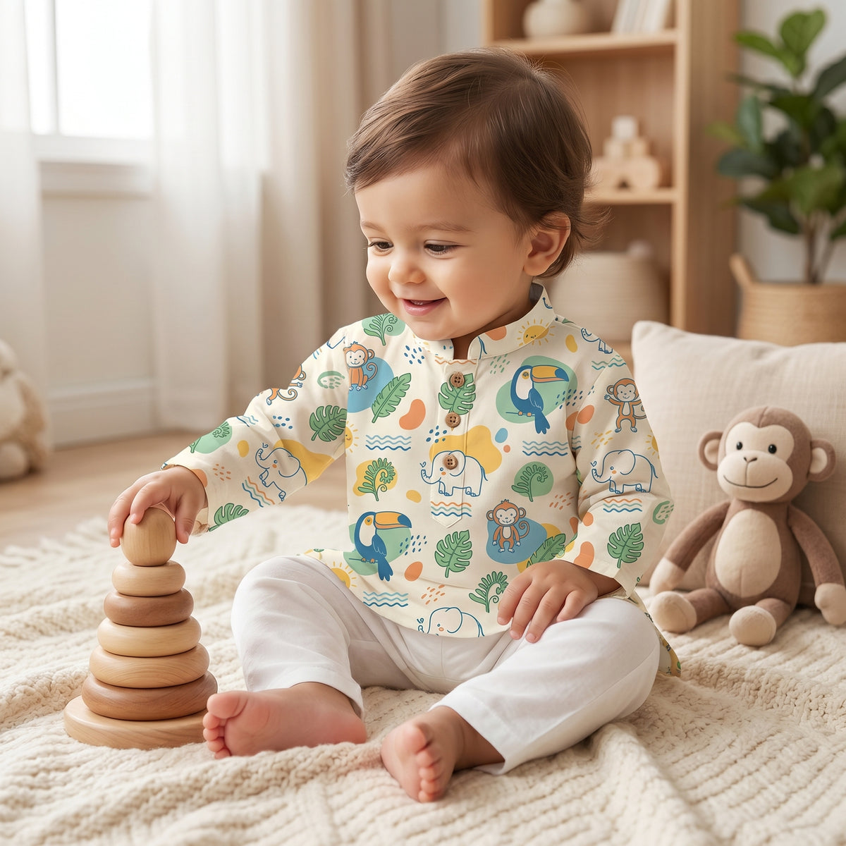 MiniBelly kids' cotton kurta pajama set with cute jungle animals, leaves, and suns in soft cream stripes for ages 0-2 years.