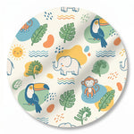 MiniBelly kids' kurta pajama set in soft fabric with jungle animals, leaves, and suns design, made from 100% cotton.