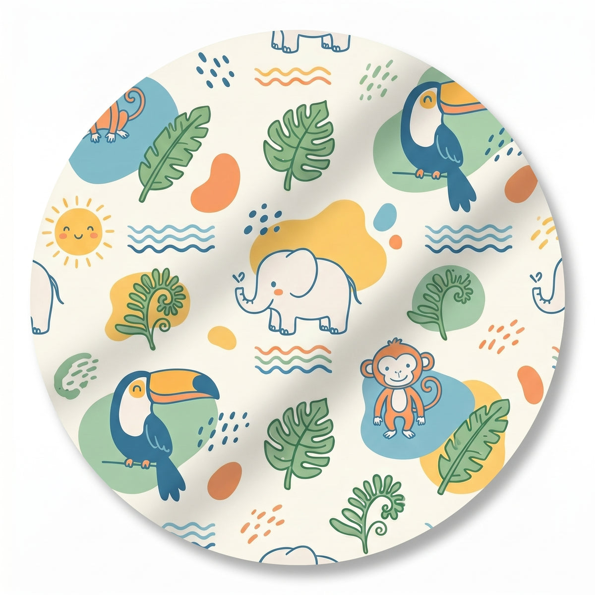 MiniBelly kids' kurta pajama set in soft fabric with jungle animals, leaves, and suns design, made from 100% cotton.