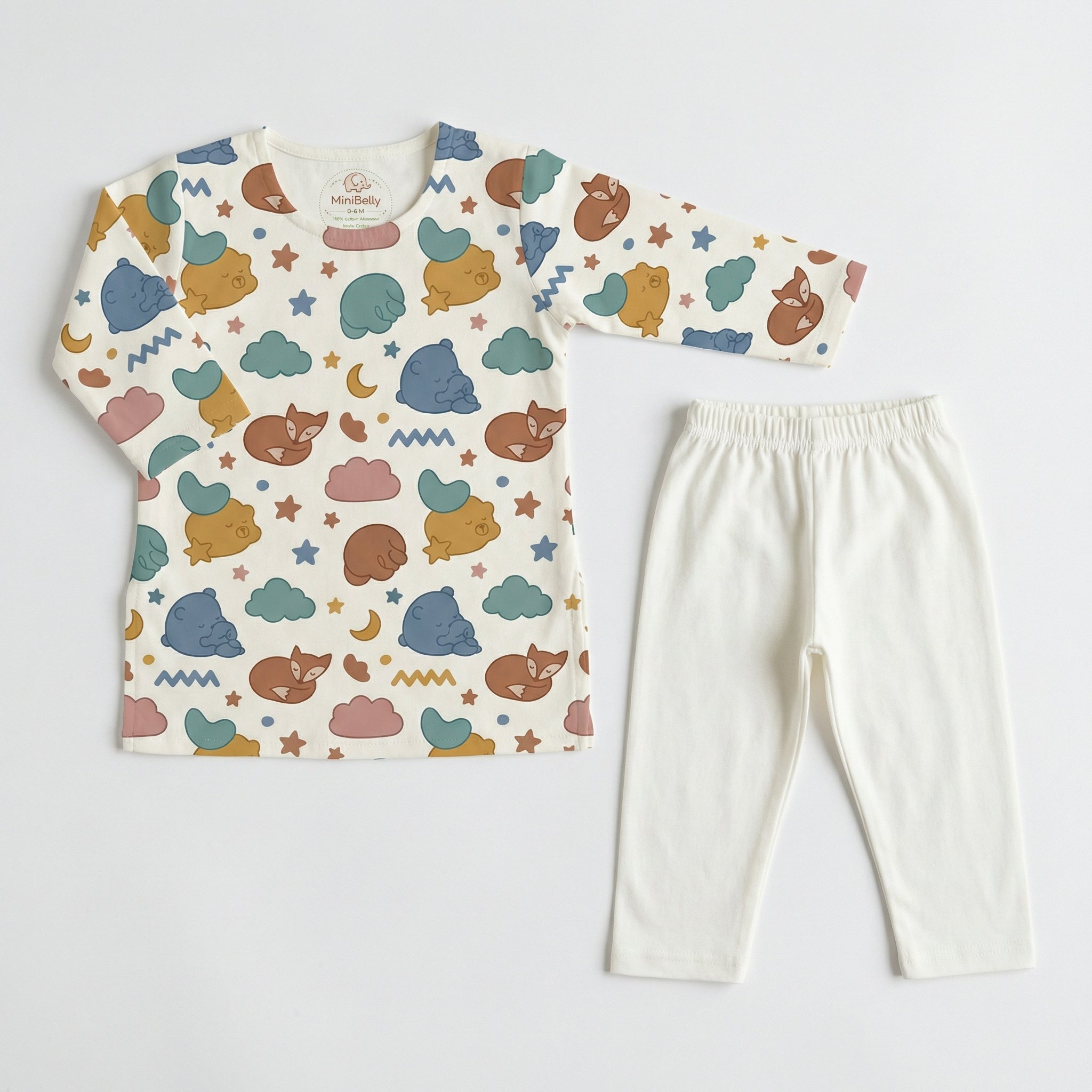MiniBelly Kurta Pajama Set sleeping bears and foxes with clouds and stars nursery print 100% Cotton - minibelly