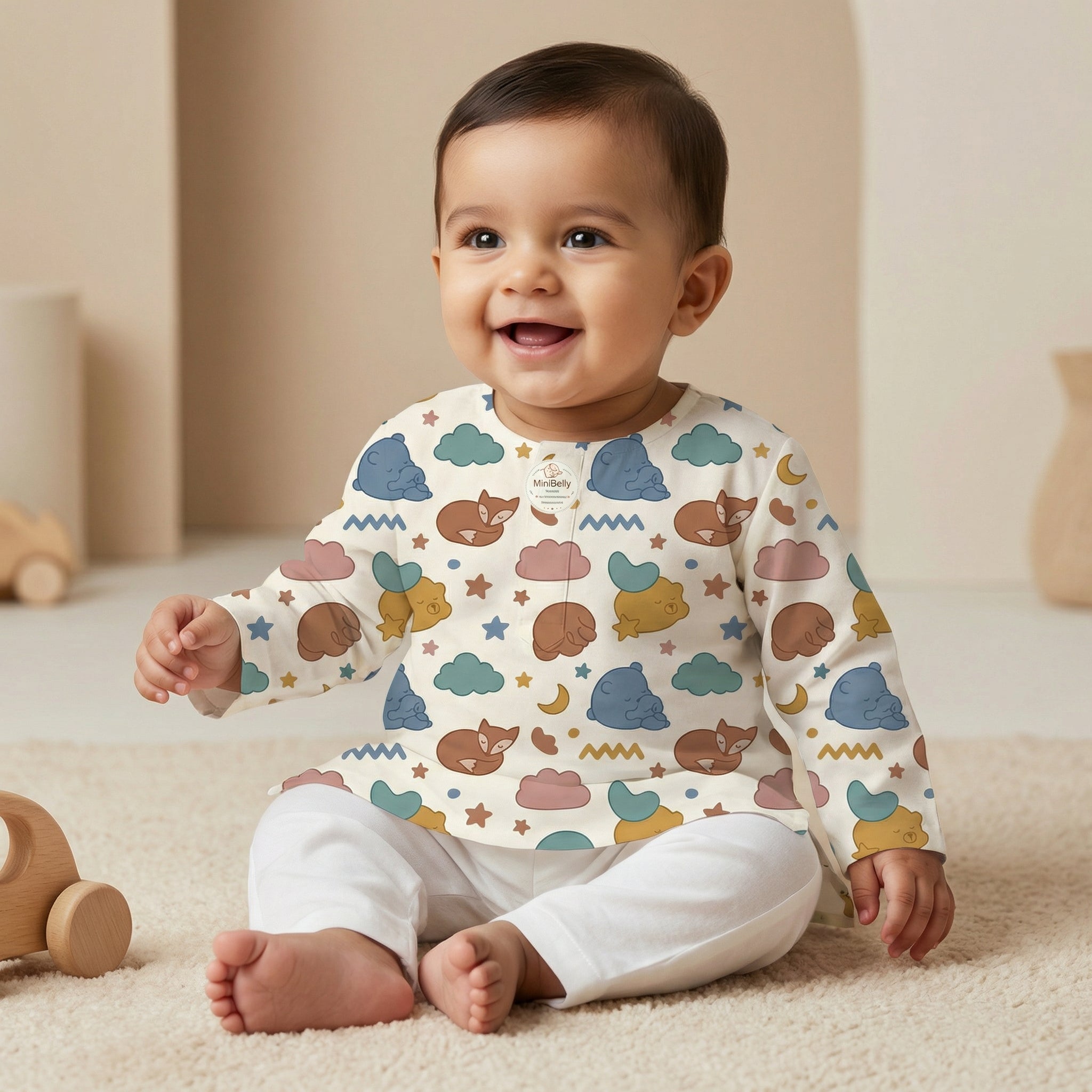 MiniBelly Kurta Pajama Set sleeping bears and foxes with clouds and stars nursery print 100% Cotton - minibelly