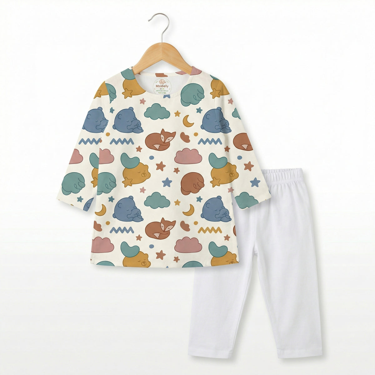 MiniBelly Kurta Pajama Set sleeping bears and foxes with clouds and stars nursery print 100% Cotton - minibelly
