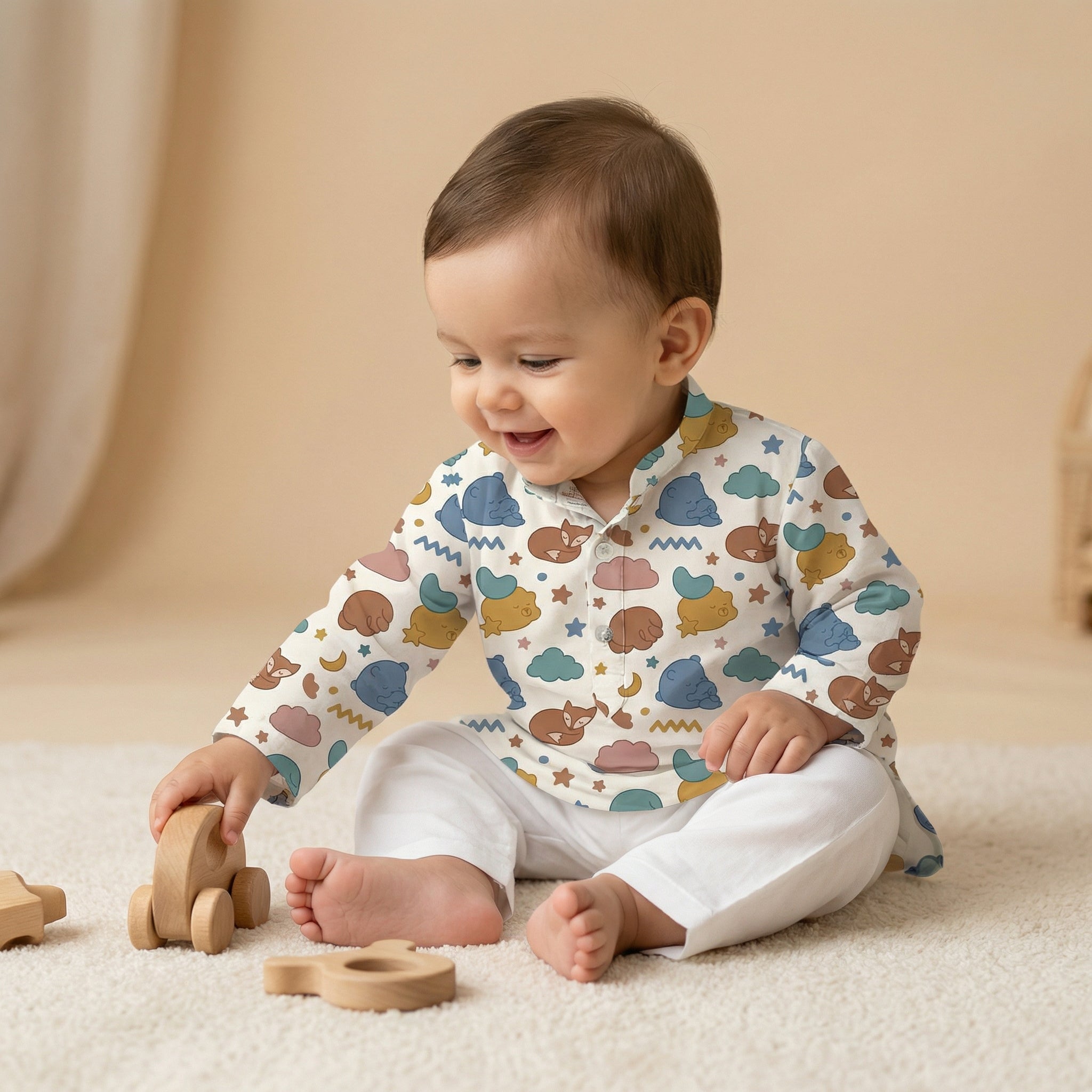 MiniBelly Kurta Pajama Set sleeping bears and foxes with clouds and stars nursery print 100% Cotton - minibelly