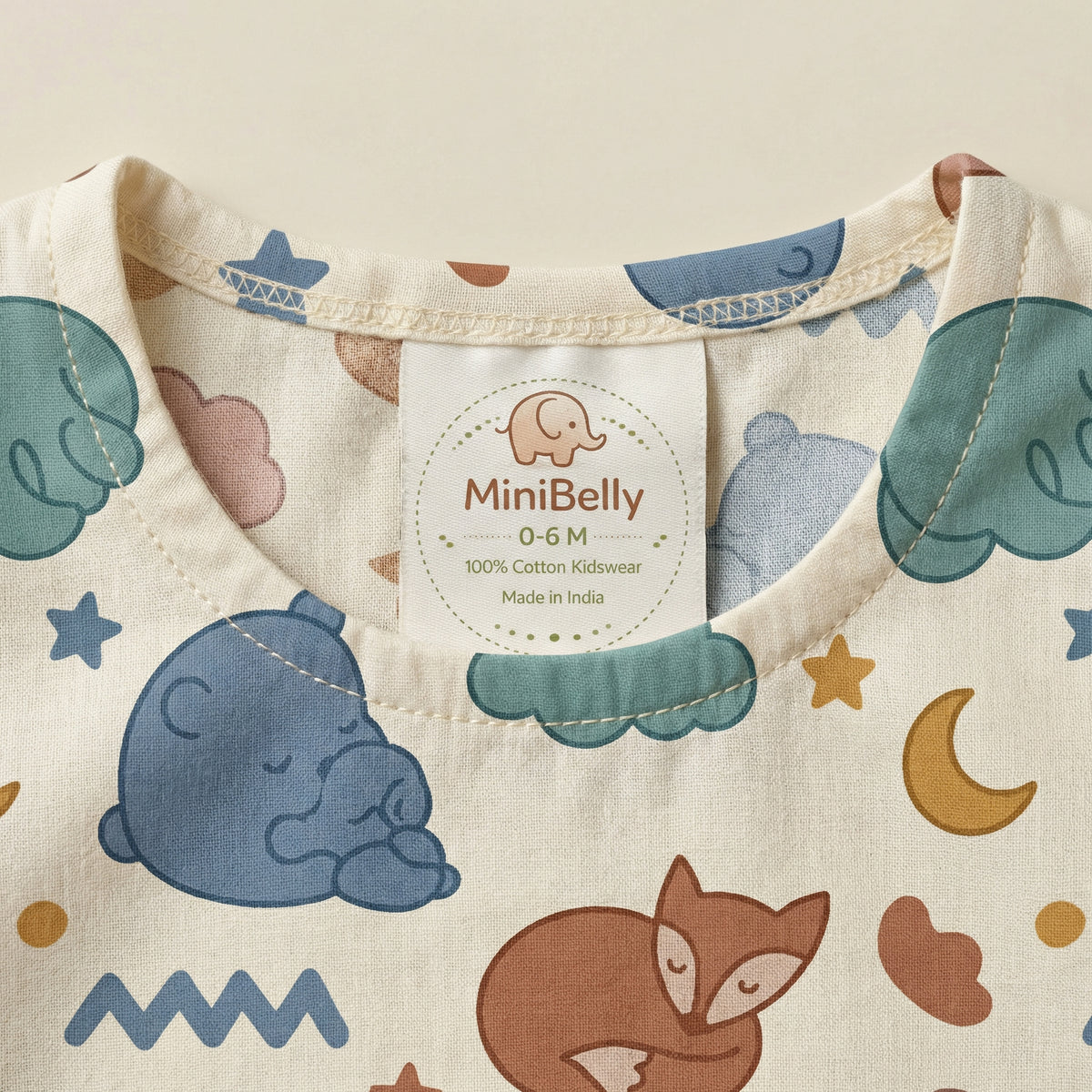 MiniBelly Kurta Pajama Set sleeping bears and foxes with clouds and stars nursery print 100% Cotton - minibelly