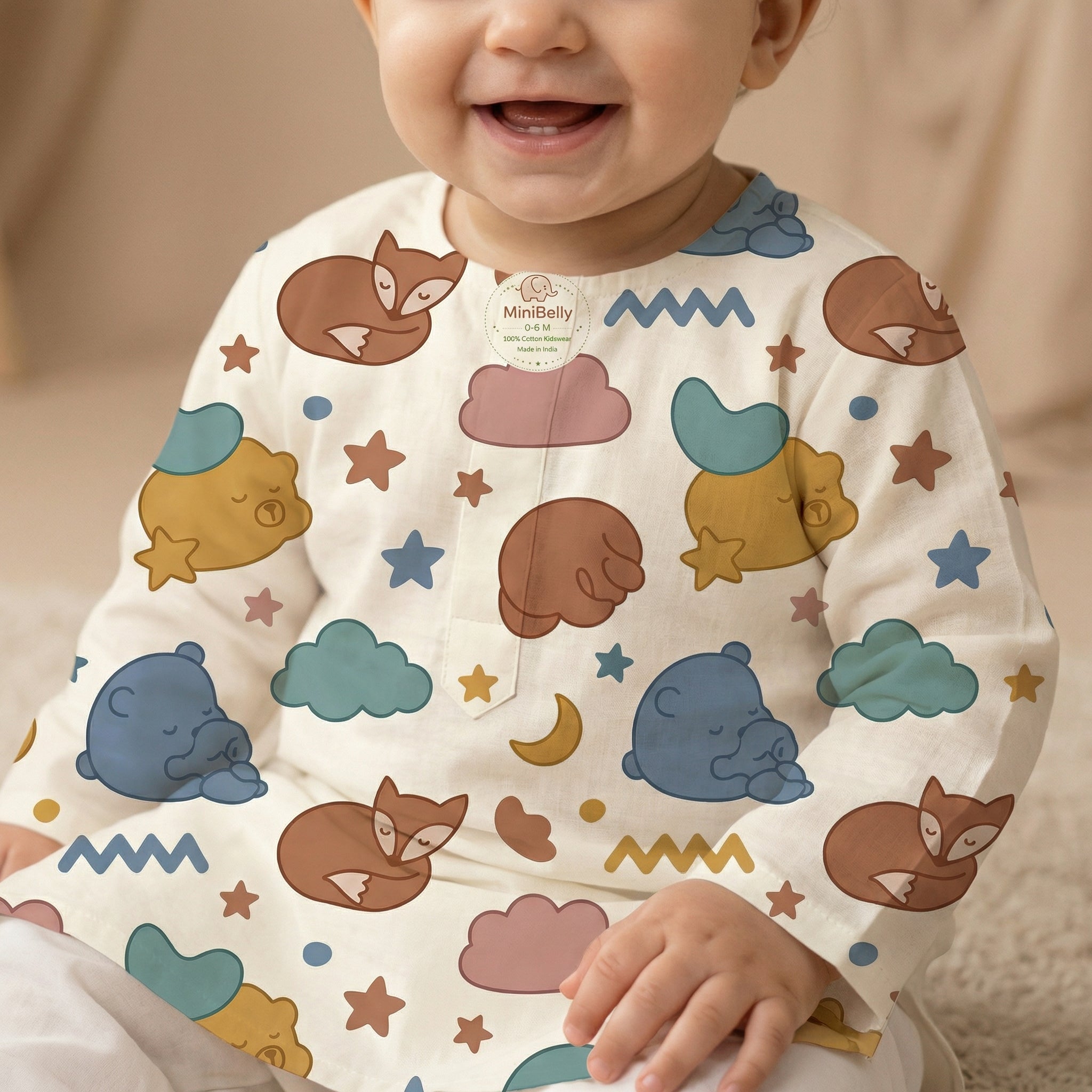 MiniBelly Kurta Pajama Set sleeping bears and foxes with clouds and stars nursery print 100% Cotton - minibelly