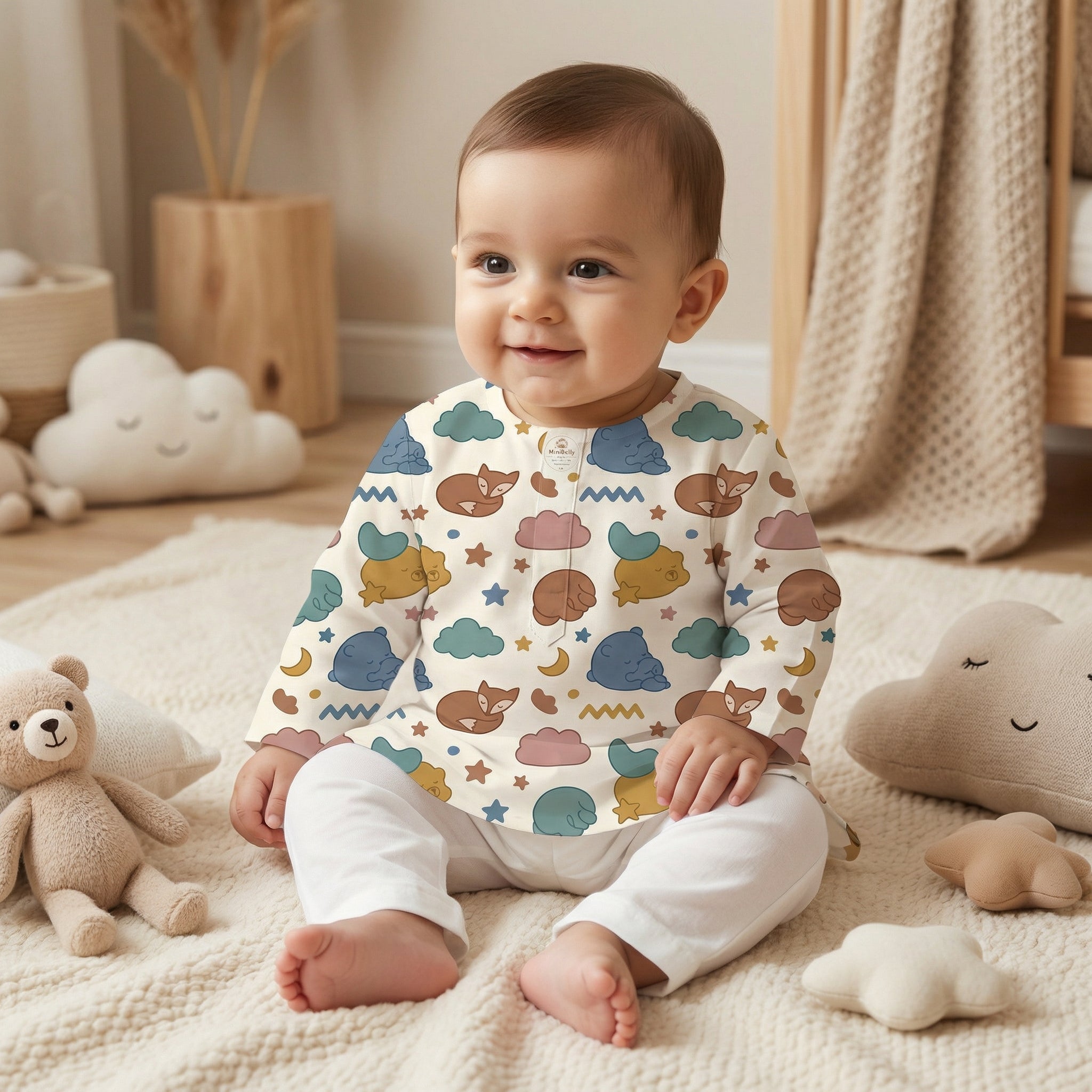 MiniBelly Kurta Pajama Set sleeping bears and foxes with clouds and stars nursery print 100% Cotton - minibelly