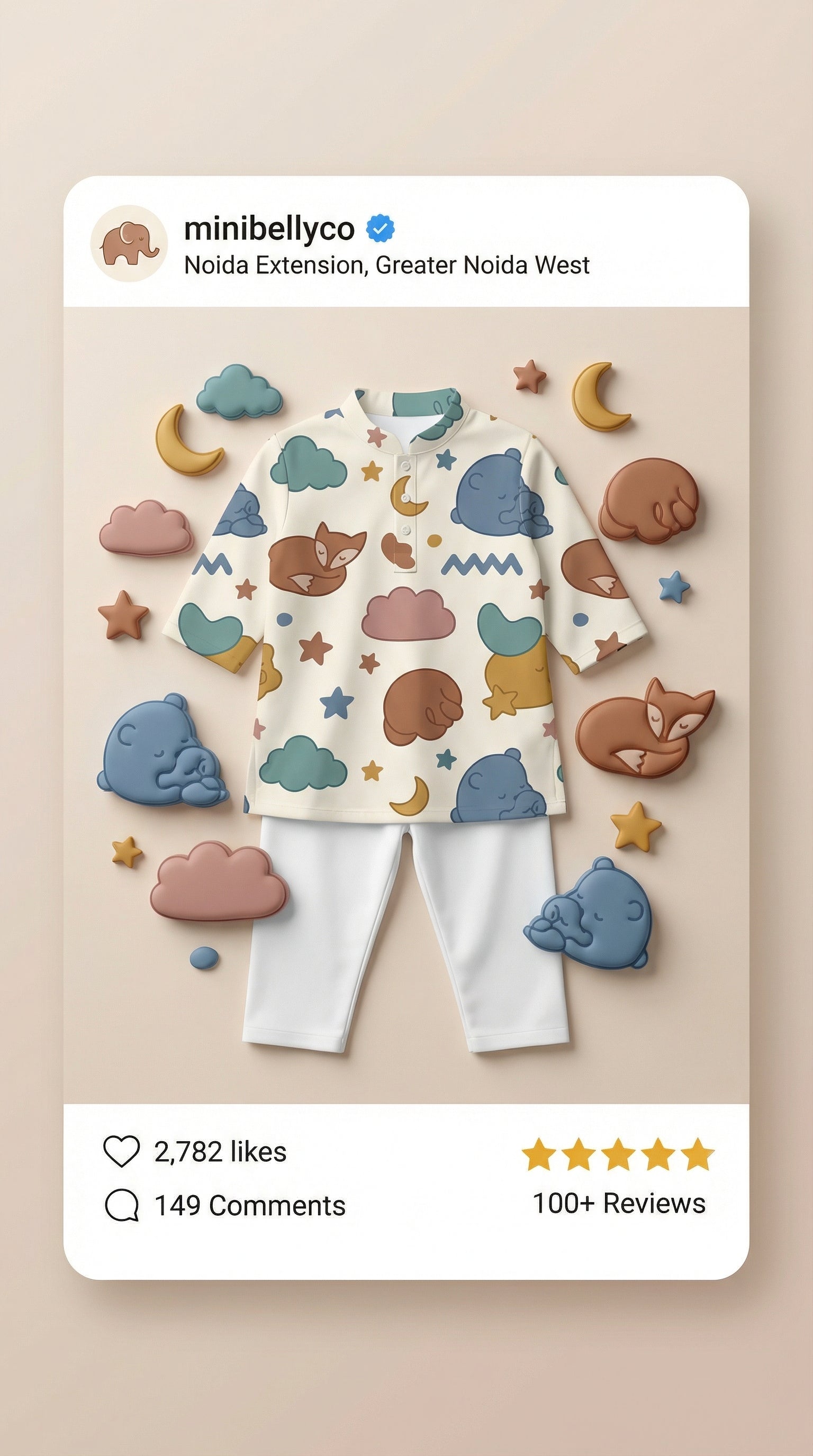 MiniBelly Kurta Pajama Set sleeping bears and foxes with clouds and stars nursery print 100% Cotton - minibelly